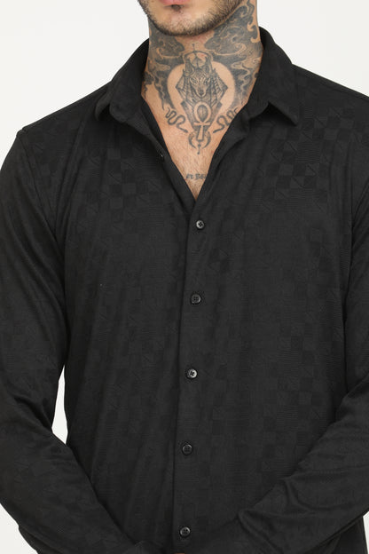 Dark Black Classic Slim Fit Self Design Textured Casual Shirt - IVYN