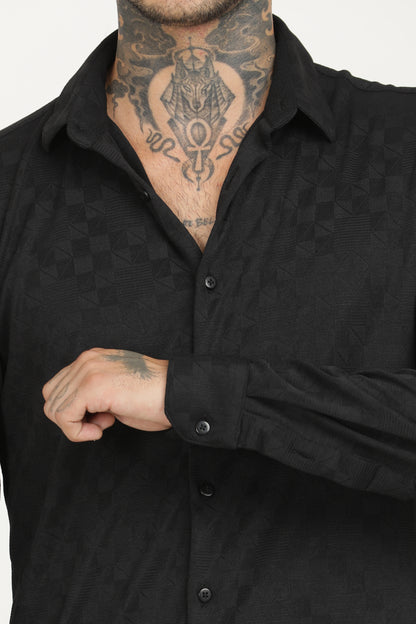 Dark Black Classic Slim Fit Self Design Textured Casual Shirt - IVYN