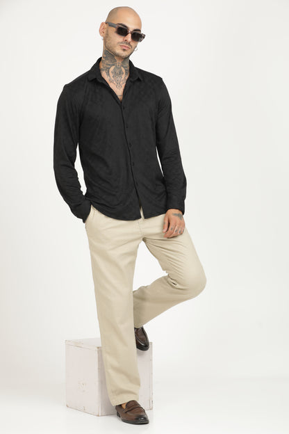 Dark Black Classic Slim Fit Self Design Textured Casual Shirt - IVYN