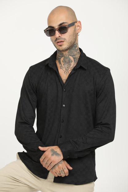 Dark Black Classic Slim Fit Self Design Textured Casual Shirt - IVYN