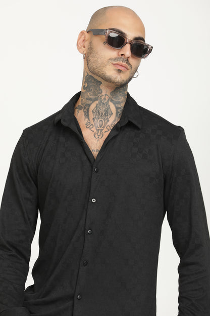 Dark Black Classic Slim Fit Self Design Textured Casual Shirt - IVYN