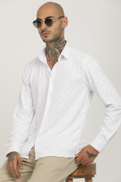 White Classic Slim Fit Self Design Textured Casual Shirt - IVYN
