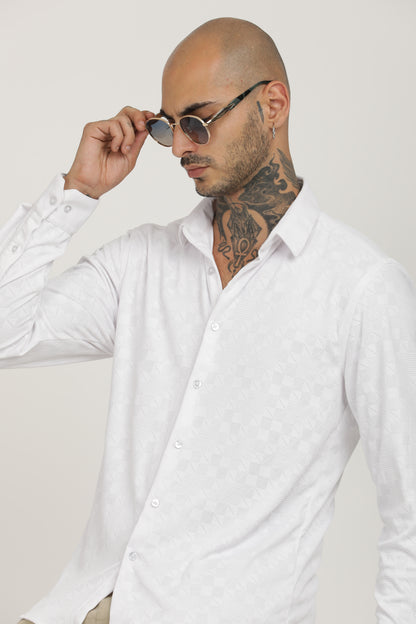 White Classic Slim Fit Self Design Textured Casual Shirt - IVYN