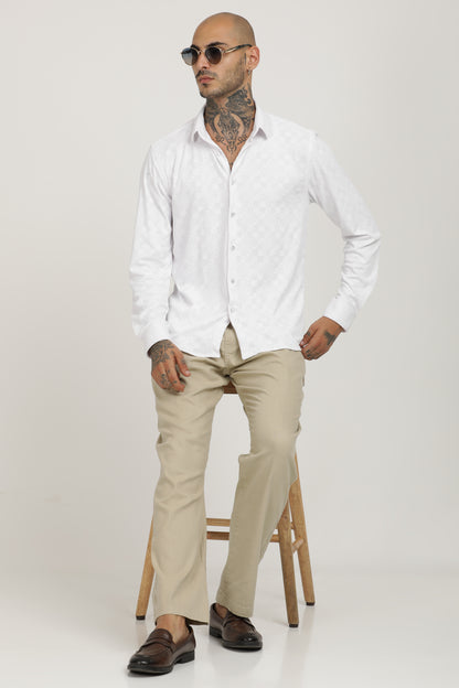 White Classic Slim Fit Self Design Textured Casual Shirt - IVYN