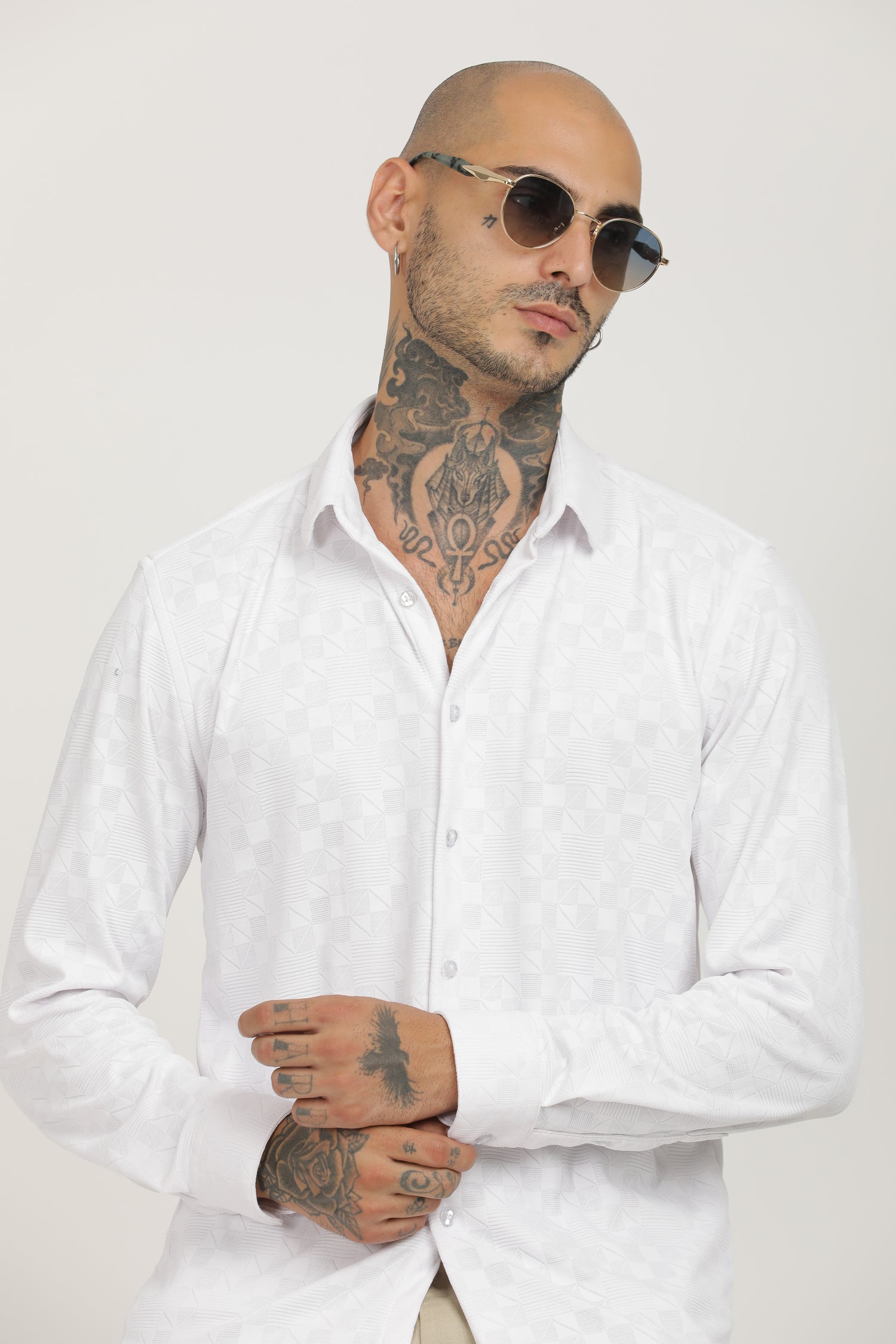White Classic Slim Fit Self Design Textured Casual Shirt - IVYN