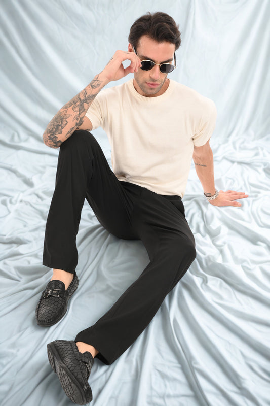 Men's Classic Straight Fit 4-Way Stretch Lycra Trousers - Jet Black