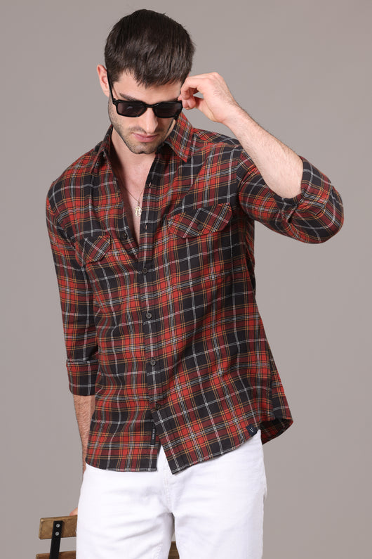 Classic Crimson Red Checkered Flannel Shirt - IVYN