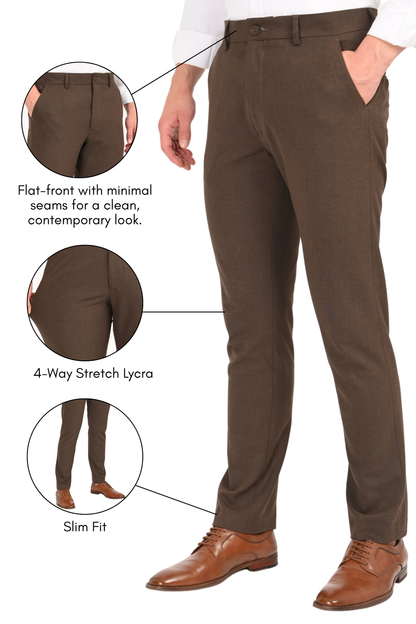 Brown Mélange – Ultra Slim Fit 4-Way Stretch Formal Trouser - IVYN
