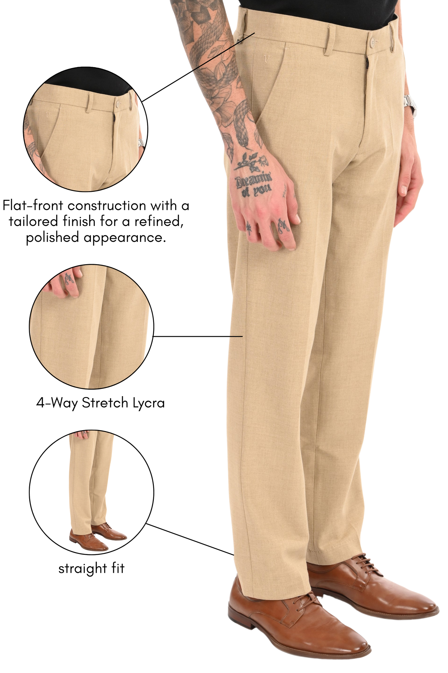 Men's Elegant Straight Fit 4-Way Stretch Lycra Trousers - Sand Beige
