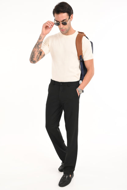 Men's Classic Straight Fit 4-Way Stretch Lycra Trousers - Jet Black - IVYN