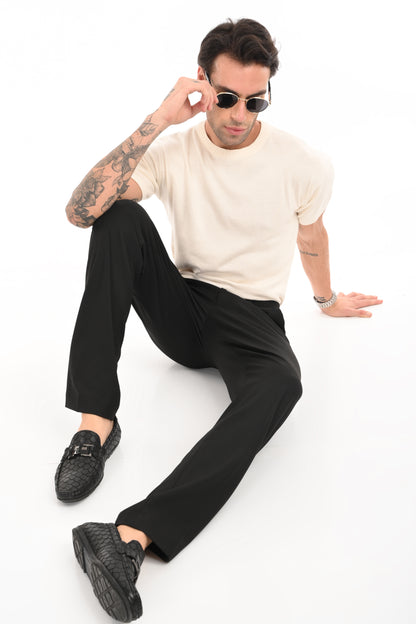 Men's Classic Straight Fit 4-Way Stretch Lycra Trousers - Jet Black - IVYN