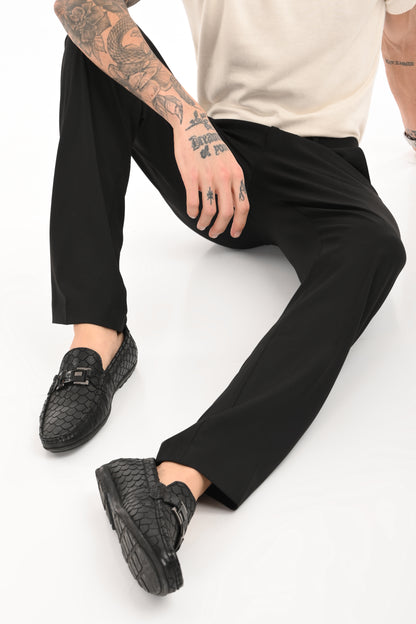 Men's Classic Straight Fit 4-Way Stretch Lycra Trousers - Jet Black - IVYN