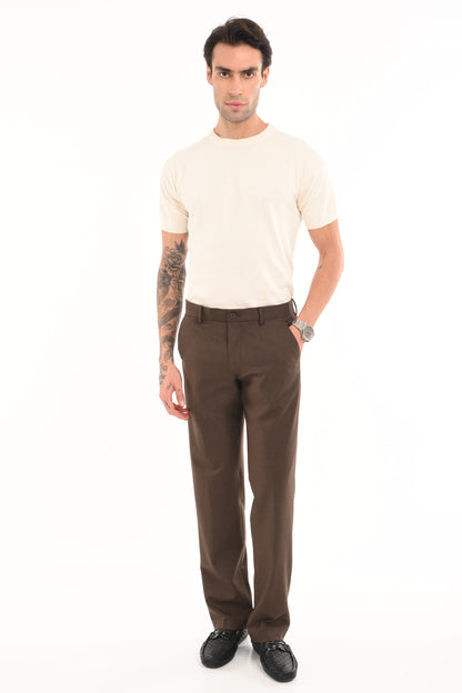 Men's Elegant Straight Fit 4-Way Stretch Lycra Trousers - Chestnut Brown - IVYN