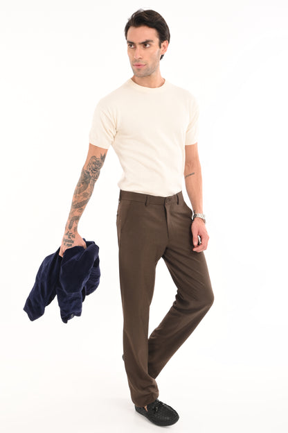 Men's Elegant Straight Fit 4-Way Stretch Lycra Trousers - Chestnut Brown - IVYN