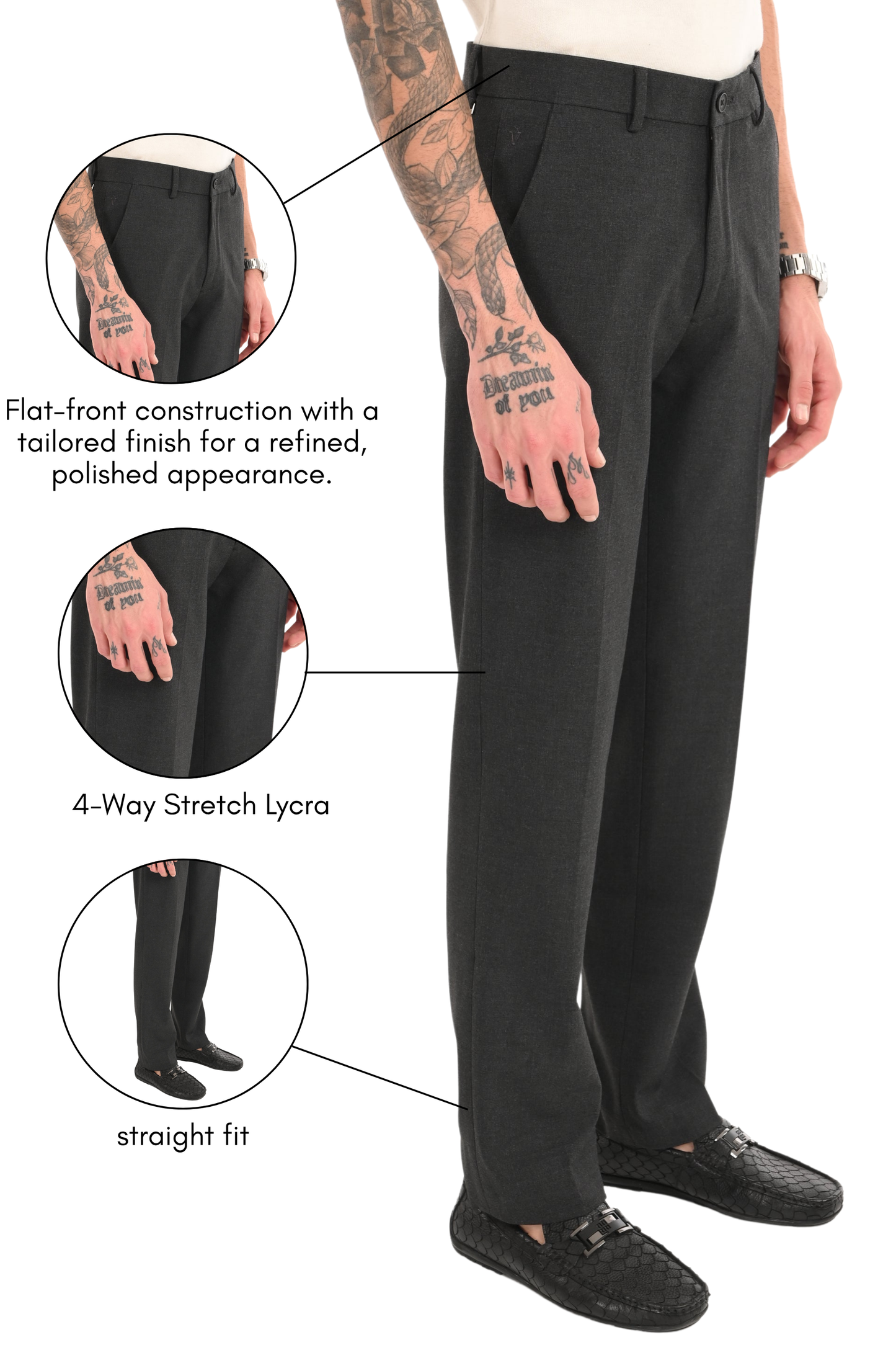 Men's Straight Fit 4-Way Stretch Lycra Trousers - Charcoal Black
