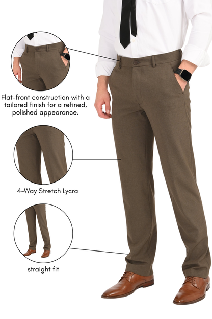 Men's Elegant Straight Fit 4-Way Stretch Lycra Trousers – Brown Mélange - IVYN