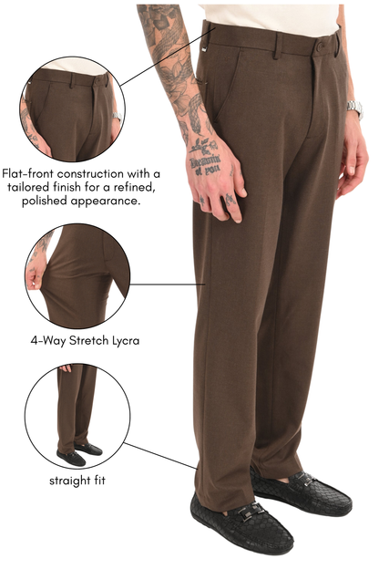 Men's Elegant Straight Fit 4-Way Stretch Lycra Trousers - Chestnut Brown - IVYN