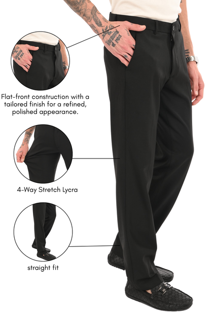 Men's Classic Straight Fit 4-Way Stretch Lycra Trousers - Jet Black - IVYN