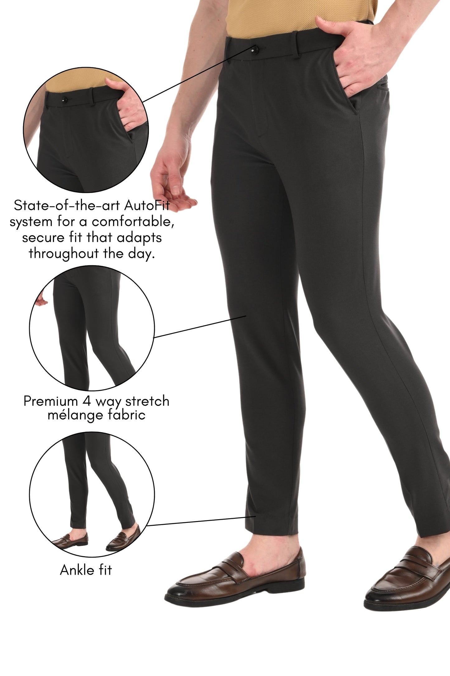 Omniwear Automatic Series – Charcoal Black Ankle Fit 4-Way Stretch Trousers