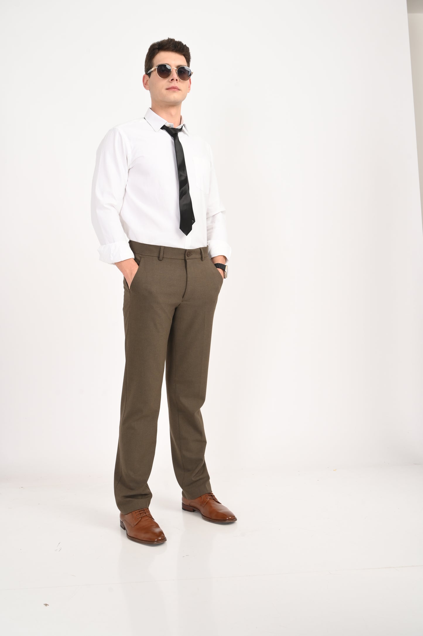 Men's Elegant Straight Fit 4-Way Stretch Lycra Trousers – Brown Mélange