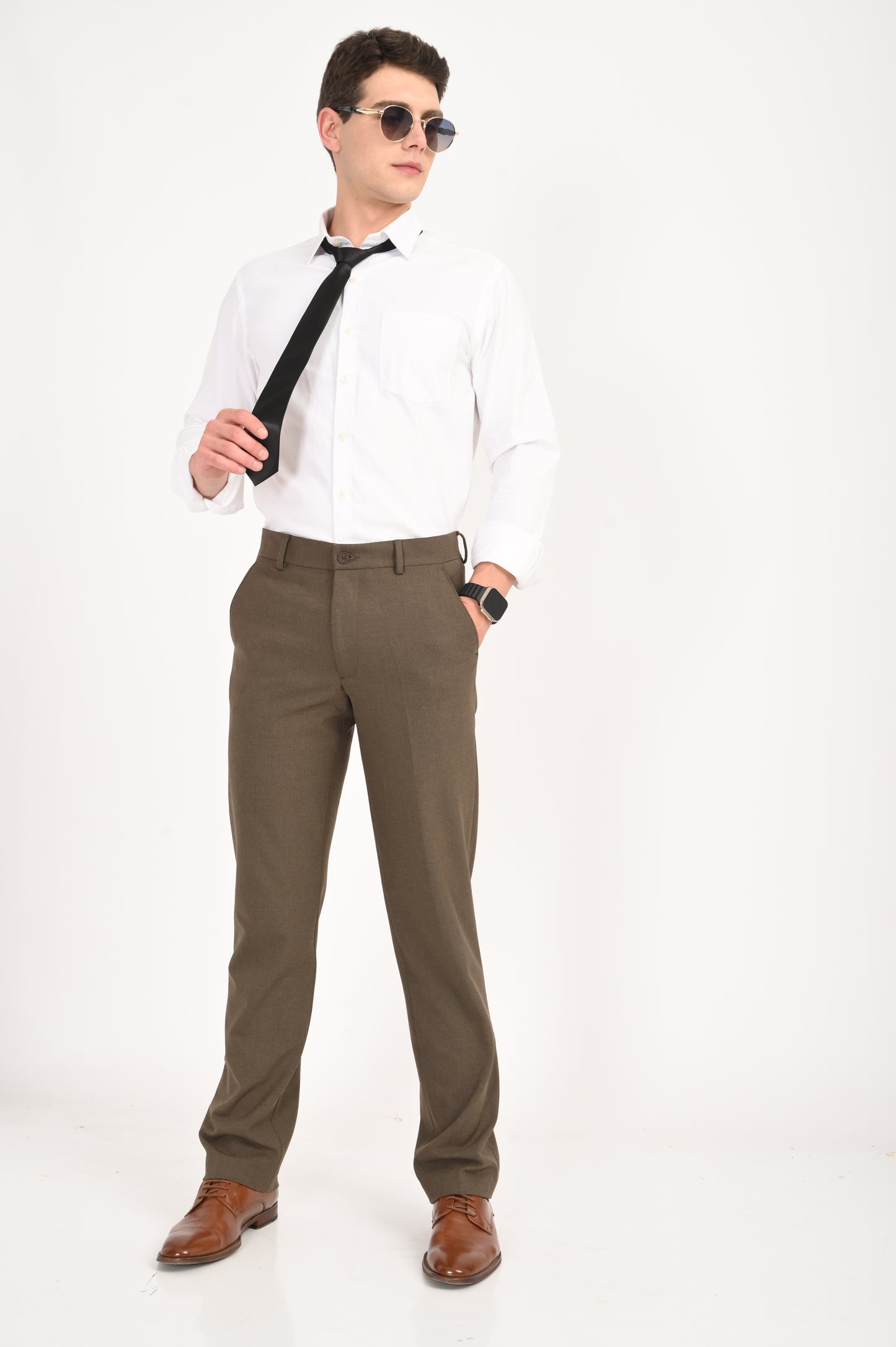 Men's Elegant Straight Fit 4-Way Stretch Lycra Trousers – Brown Mélange