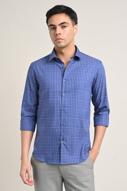 Premium Stretch Cotton Check Shirt – Navy Blue