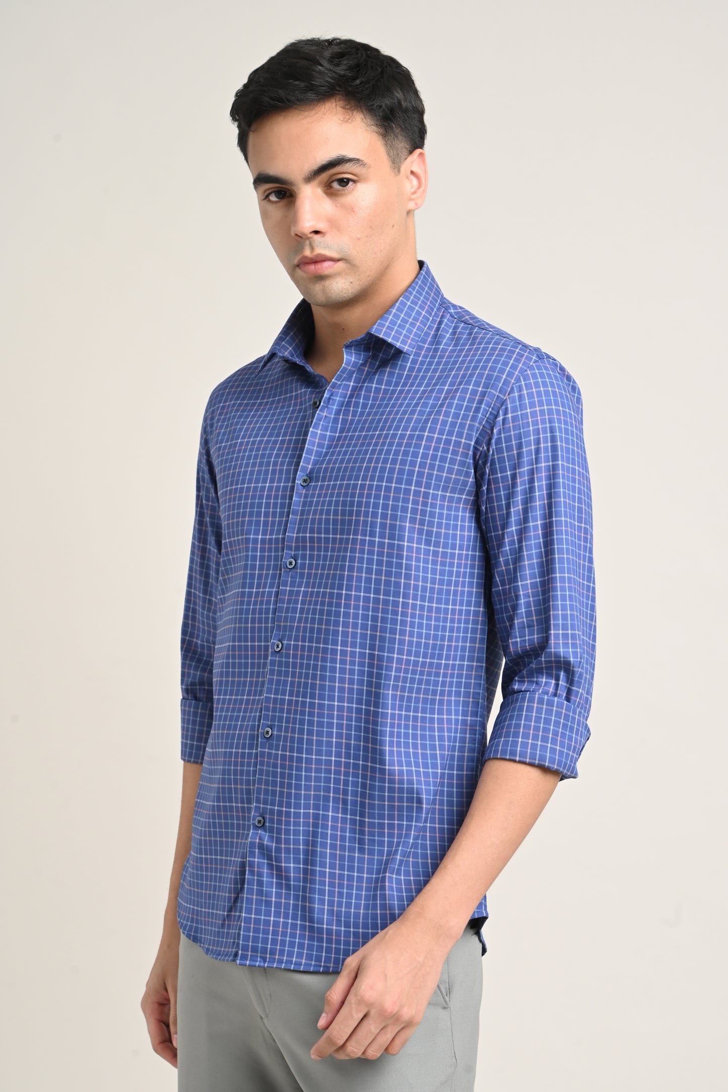 Premium Stretch Cotton Check Shirt – Navy Blue