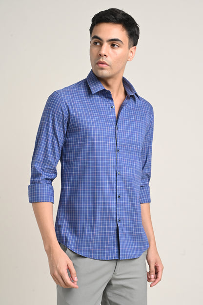 Premium Stretch Cotton Check Shirt – Navy Blue