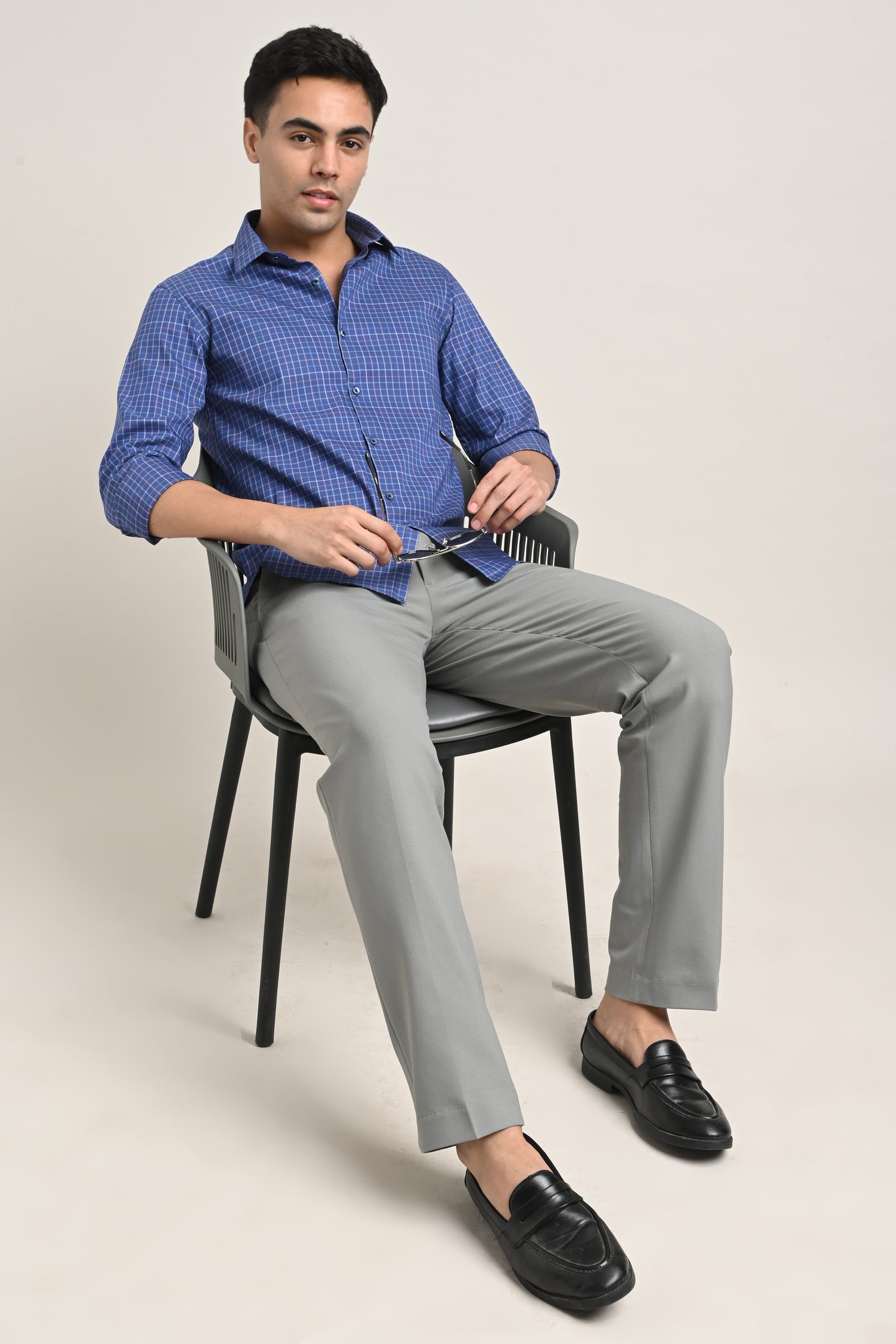 Premium Stretch Cotton Check Shirt – Navy Blue