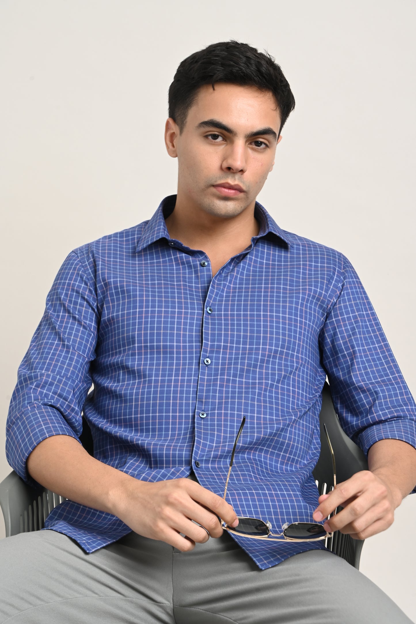 Premium Stretch Cotton Check Shirt – Navy Blue