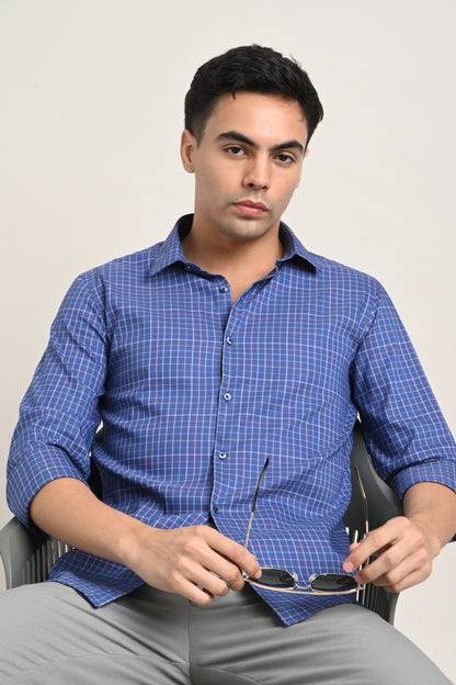 Premium Stretch Cotton Check Shirt – Navy Blue