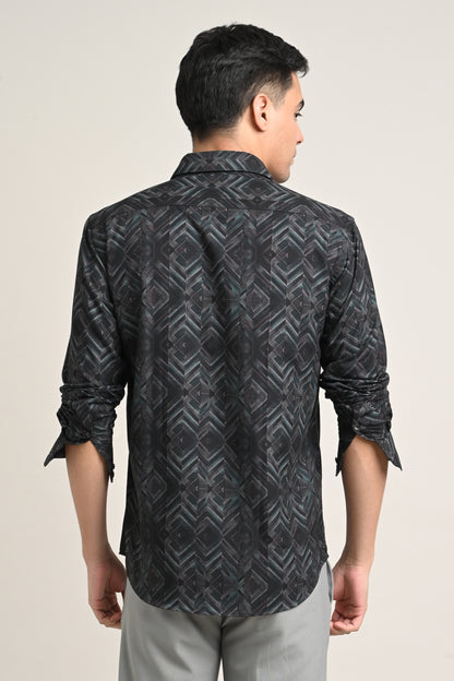Premium Stretch Cotton Printed Shirt – Charcoal Black