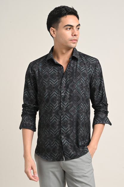 Premium Stretch Cotton Printed Shirt – Charcoal Black