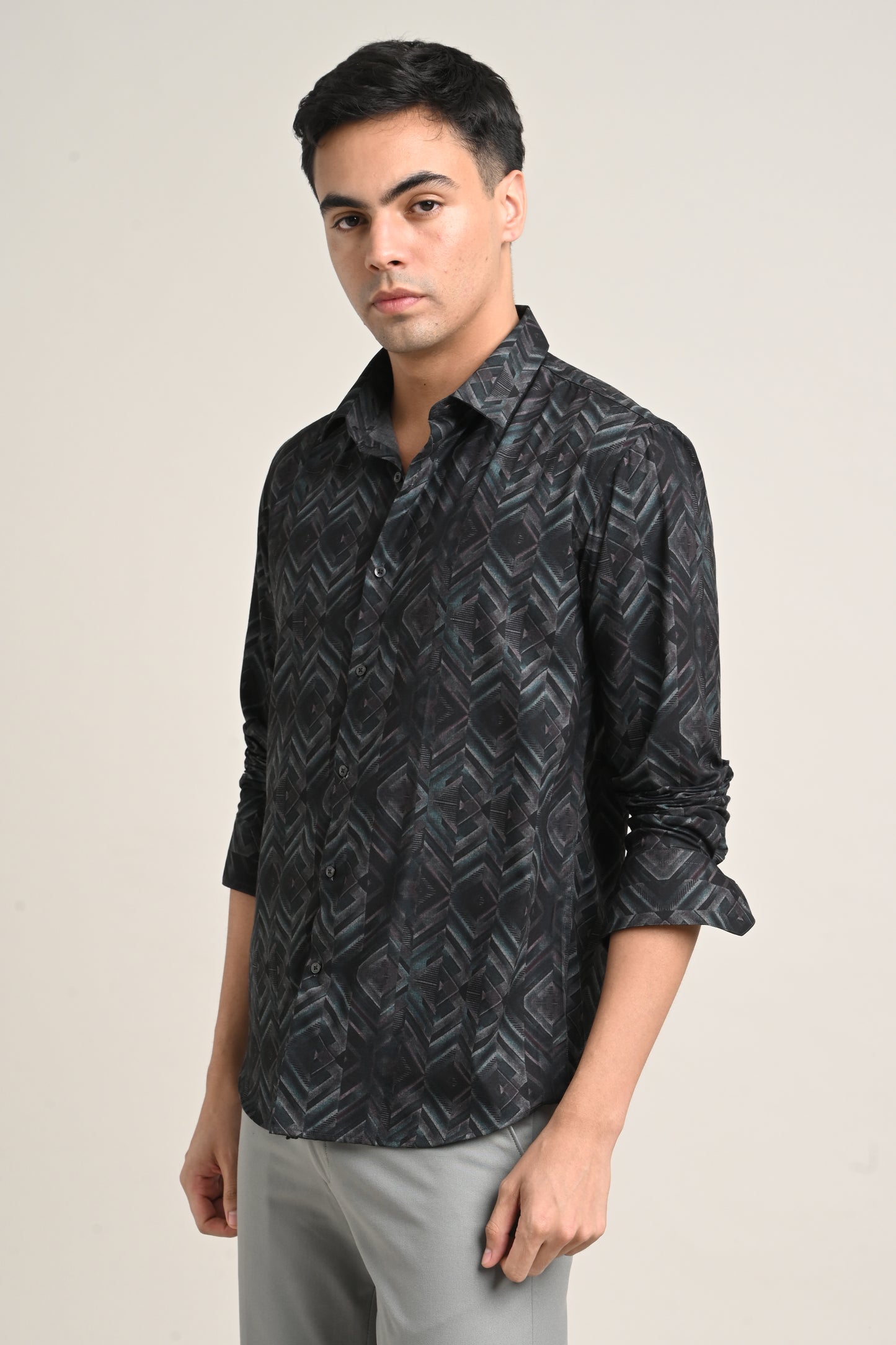 Premium Stretch Cotton Printed Shirt – Charcoal Black