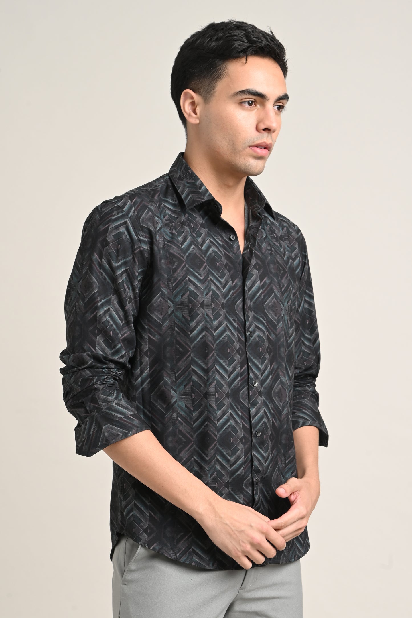 Premium Stretch Cotton Printed Shirt – Charcoal Black
