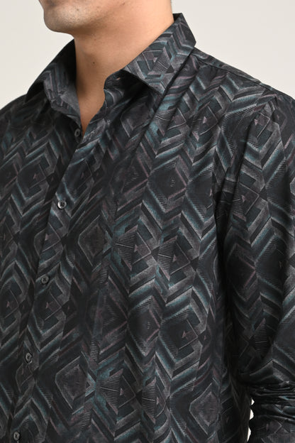 Premium Stretch Cotton Printed Shirt – Charcoal Black