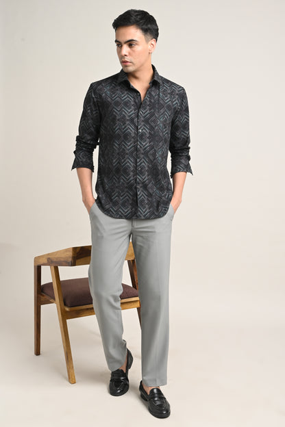 Premium Stretch Cotton Printed Shirt – Charcoal Black