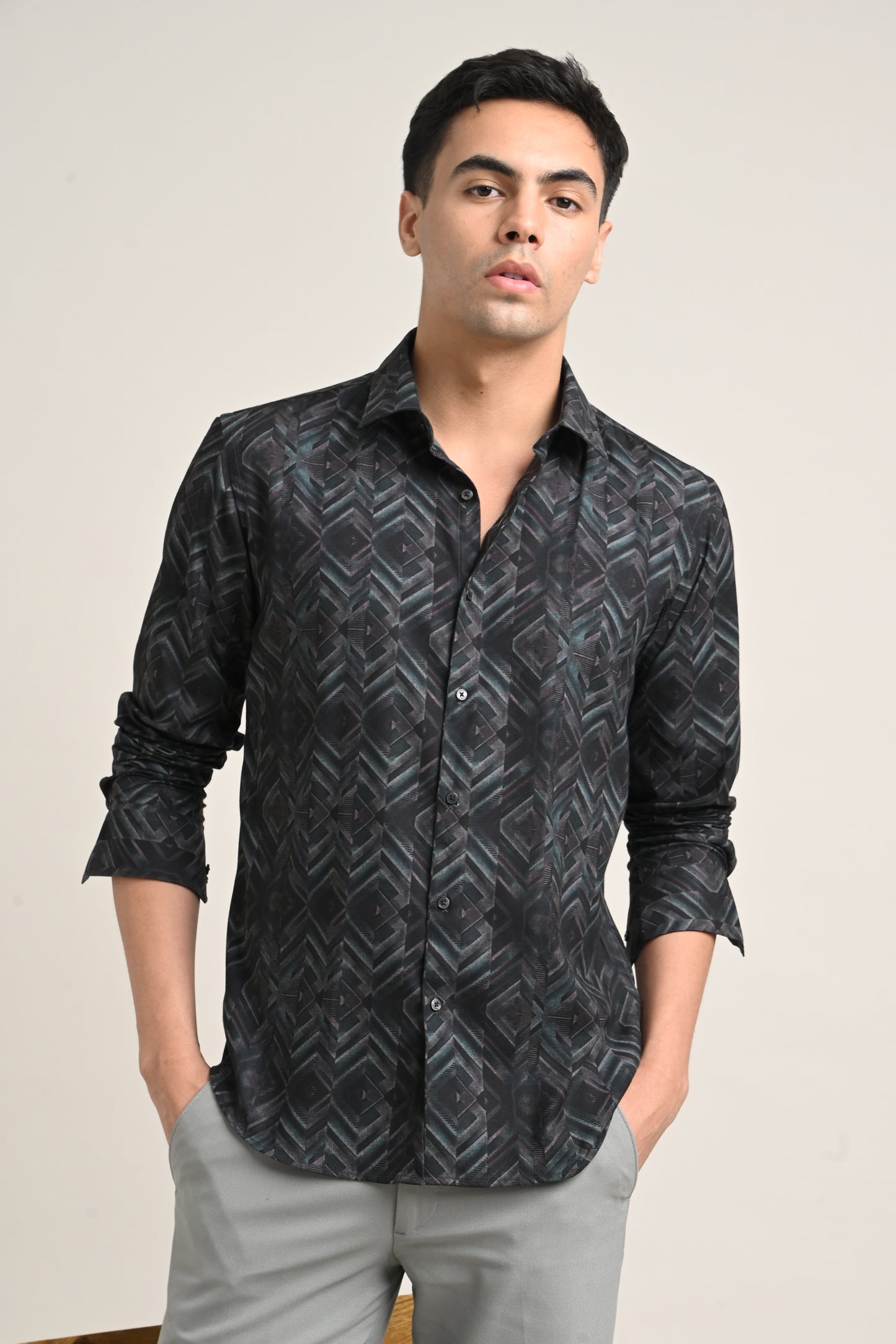 Premium Stretch Cotton Printed Shirt – Charcoal Black