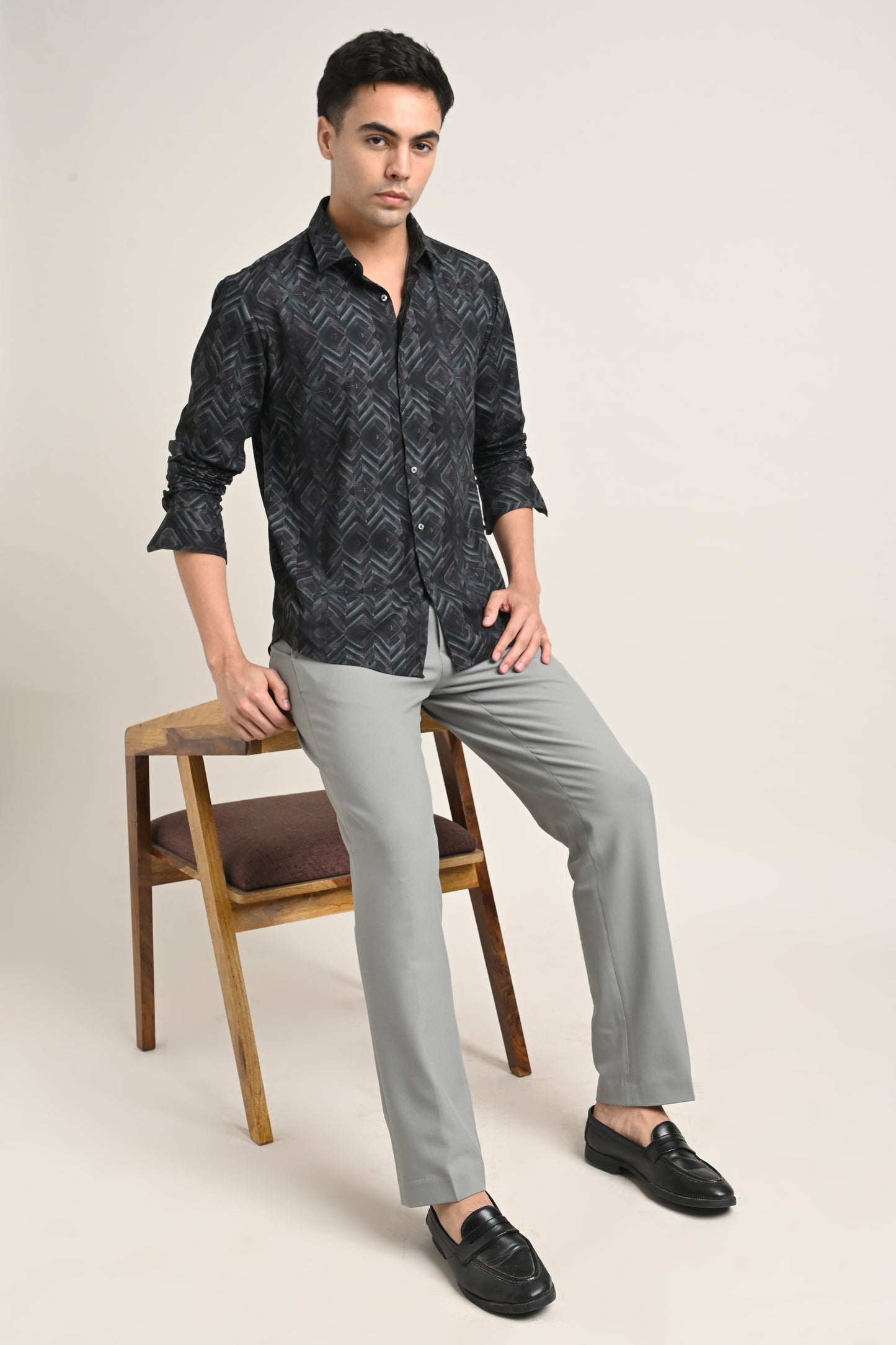 Premium Stretch Cotton Printed Shirt – Charcoal Black