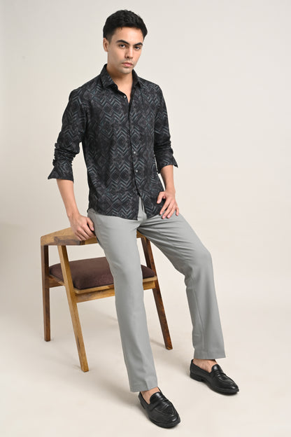 Premium Stretch Cotton Printed Shirt – Charcoal Black