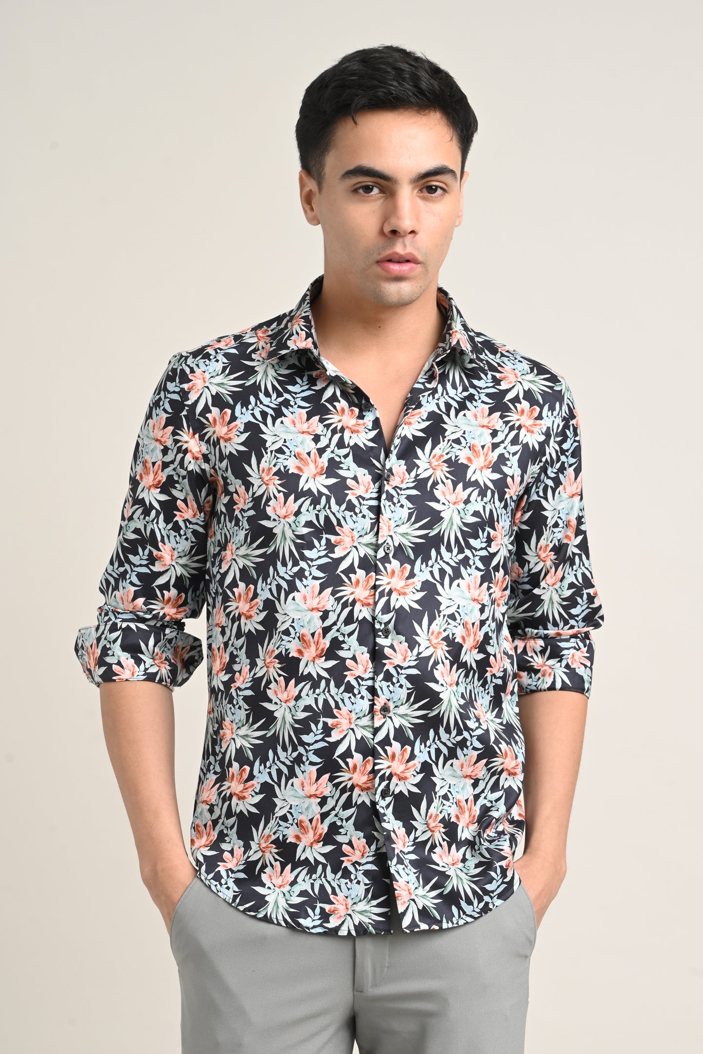 Premium Stretch Cotton Floral Shirt – Midnight Floral Black
