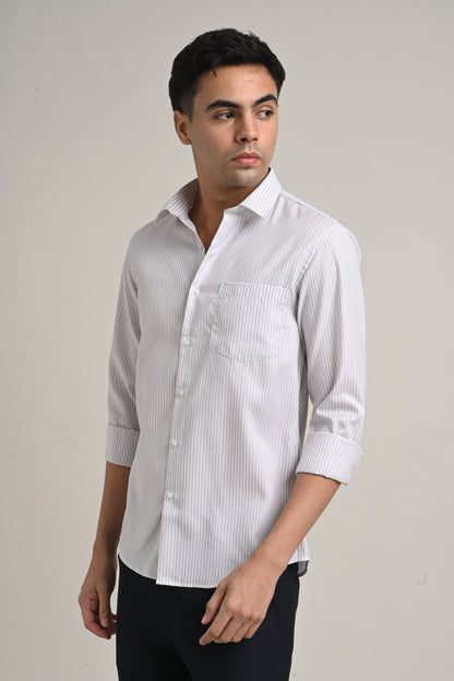 Premium Stretch Cotton Shirt – Soft Grey Pinstripe