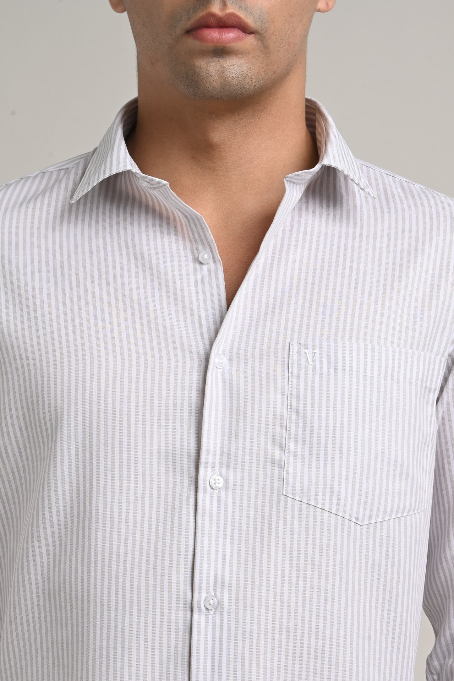 Premium Stretch Cotton Shirt – Soft Grey Pinstripe