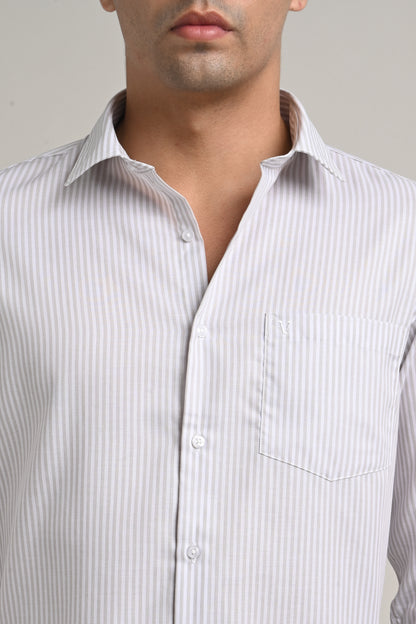 Premium Stretch Cotton Shirt – Soft Grey Pinstripe