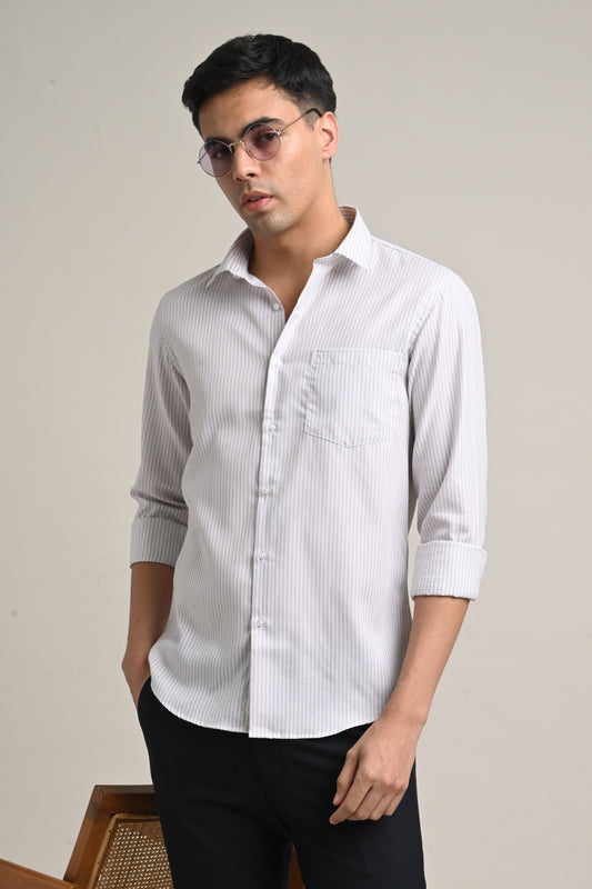 Premium Stretch Cotton Shirt – Soft Grey Pinstripe