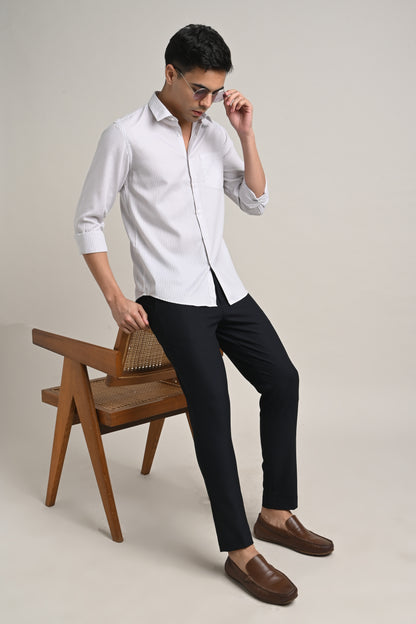 Premium Stretch Cotton Shirt – Soft Grey Pinstripe