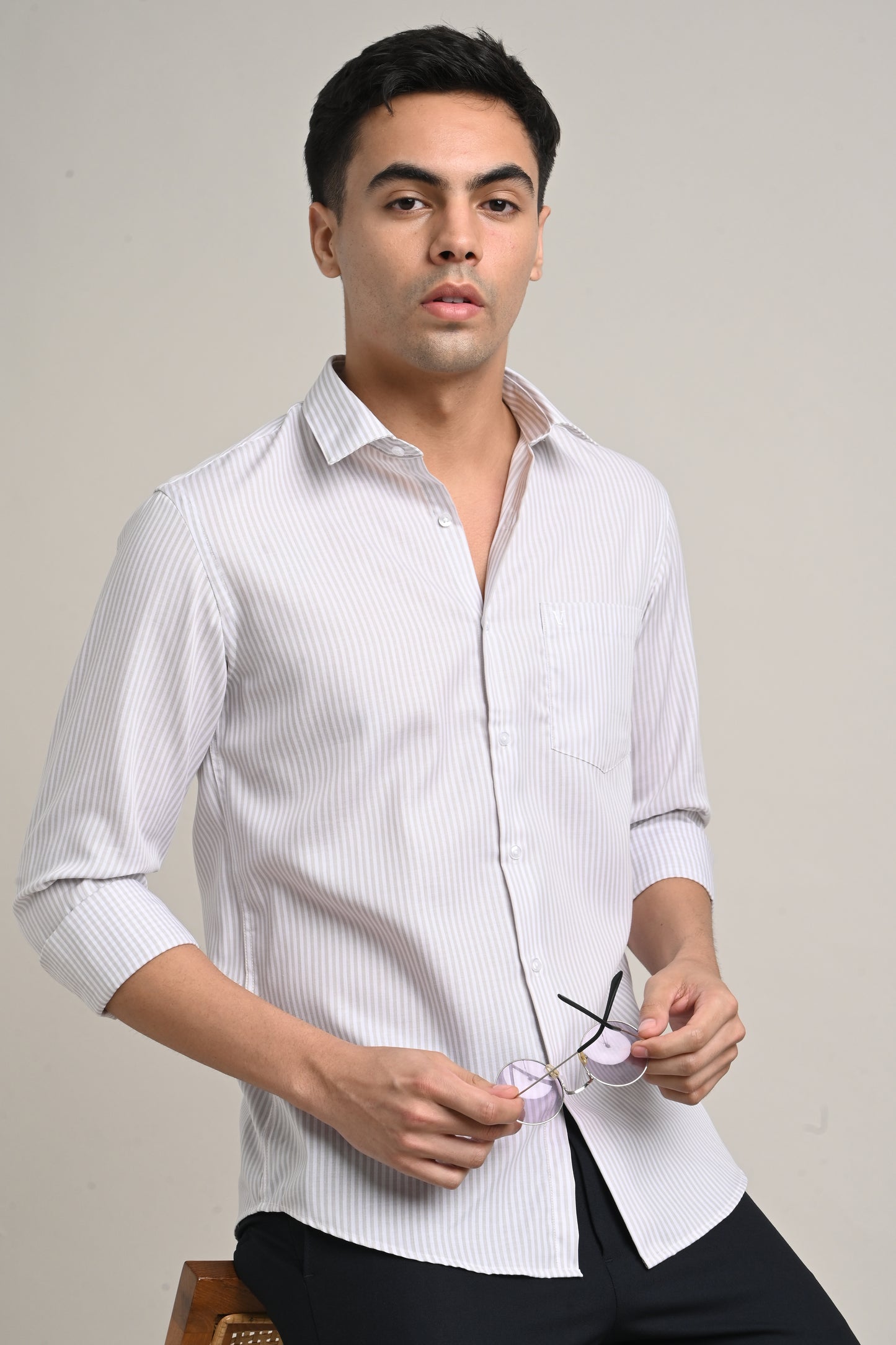 Premium Stretch Cotton Shirt – Soft Grey Pinstripe