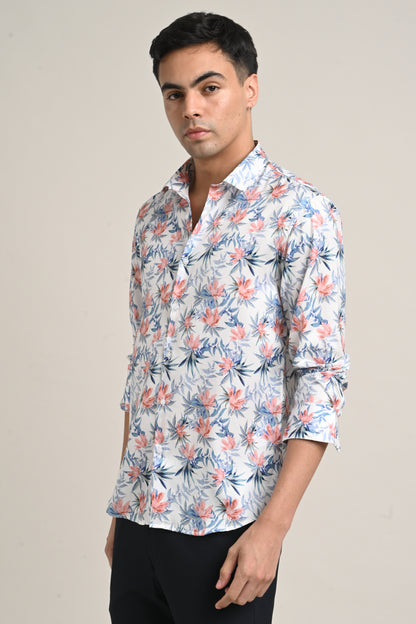Premium Stretch Cotton Floral Shirt – Soft Peach Bloom
