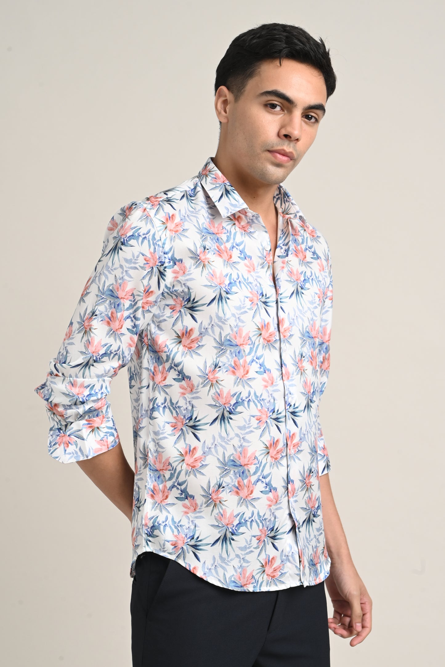 Premium Stretch Cotton Floral Shirt – Soft Peach Bloom