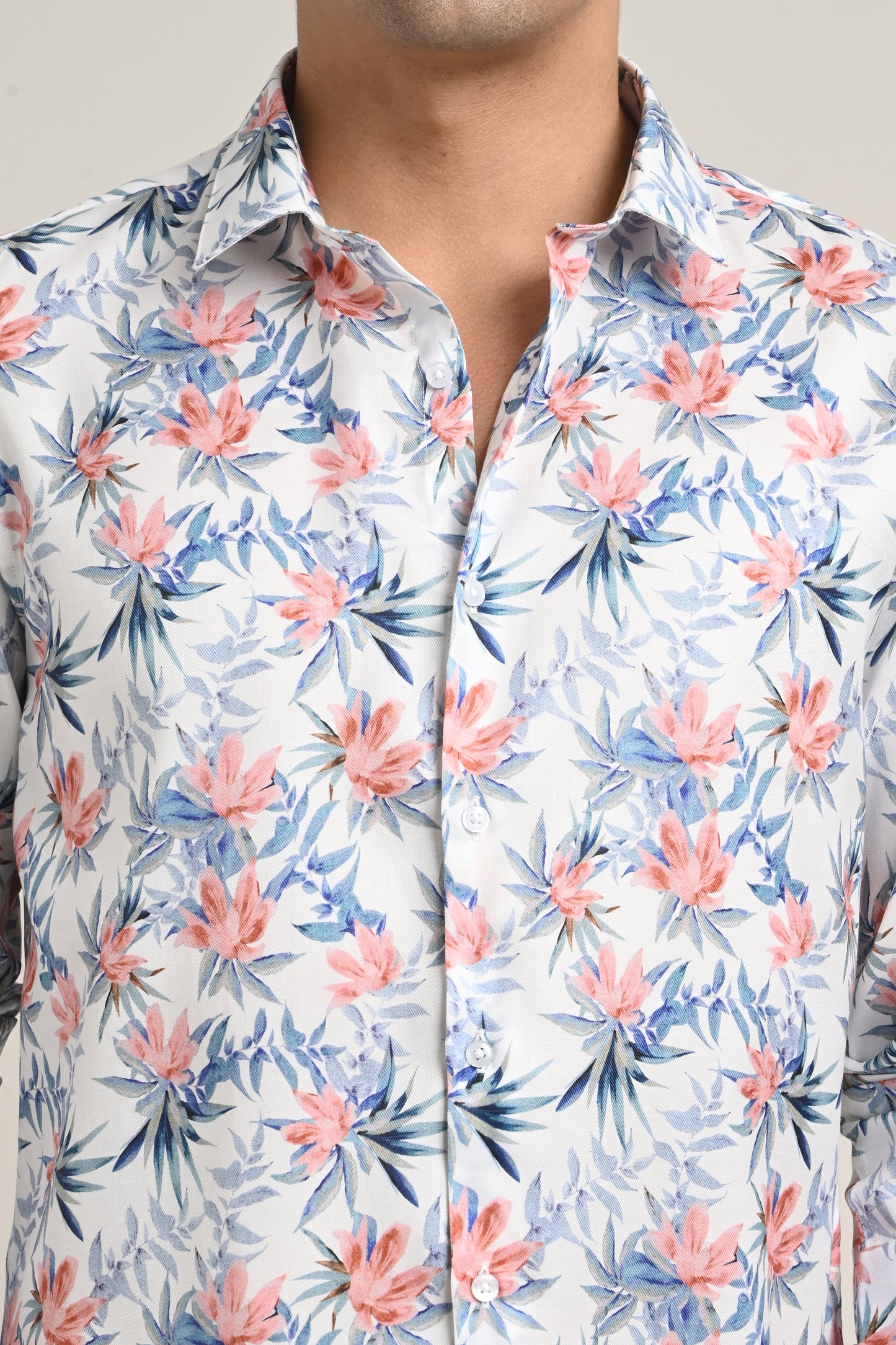 Premium Stretch Cotton Floral Shirt – Soft Peach Bloom